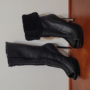 Velika Eliana Black Leather Peep Toe Fold Over Boots Size 7